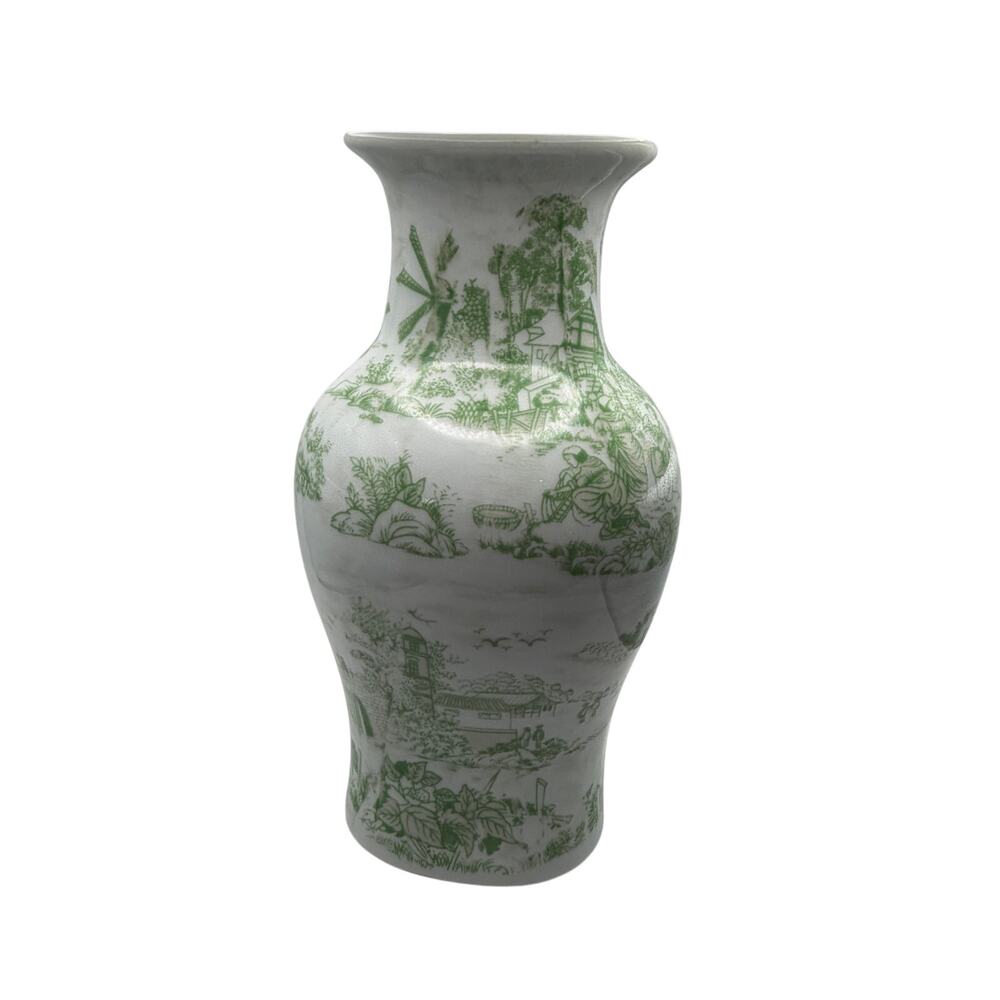 Victoria Green Toile Chintz Ceramic Baluster Vase Romantic Country Cottagecore